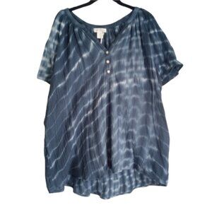 Cynthia Rowley Sz Plus 1X Tunic Top Blue Tie Dye Cotton Short Sleeve Popover